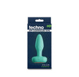 Techno Prism Silicone App Compatible Anal Plug Teal packaging featuring app-controlled gyrating design.