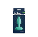Techno Prism Silicone App Compatible Anal Plug Teal packaging featuring app-controlled gyrating design.