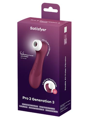 Satisfyer Pro 2 Generation 3 Air Pulse Clitoral Vibrator packaging showcasing Liquid Air Technology and interchangeable attachments.