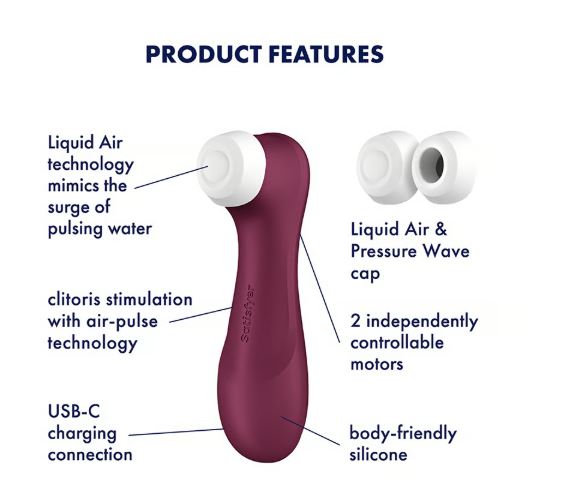 Features of Satisfyer Pro 2 Generation 3 Air Pulse Clitoral Vibrator with Liquid Air technology.