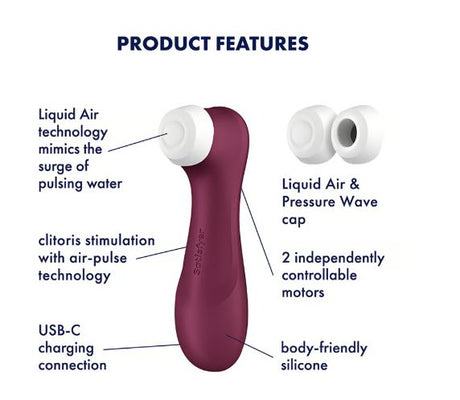 Features of Satisfyer Pro 2 Generation 3 Air Pulse Clitoral Vibrator with Liquid Air technology.