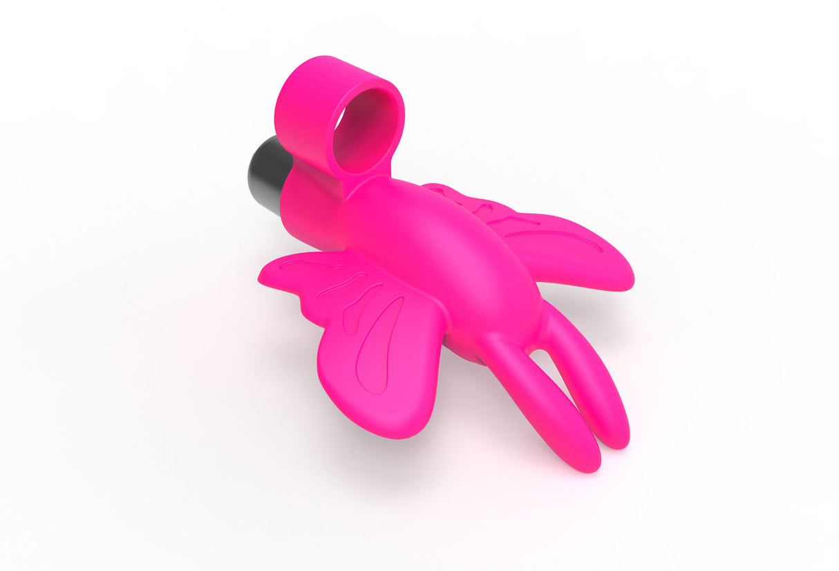 The 9's Flirt Finger Butterfly Finger Vibrator Pink with a cute butterfly design and a fingertip attachment.