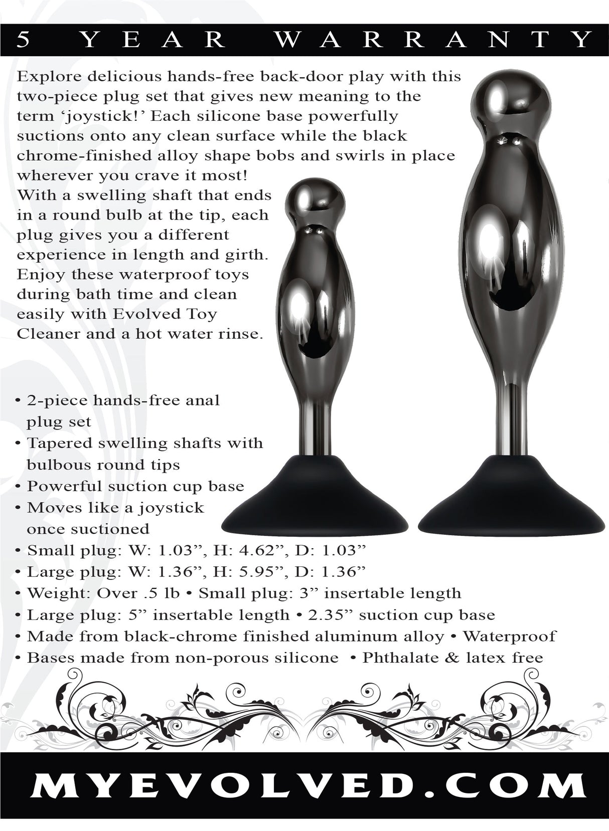 Evolved Joy Sticks 2 Piece Anal Plug Set Black Chrome features tapered shafts and powerful suction bases for hands-free play.
