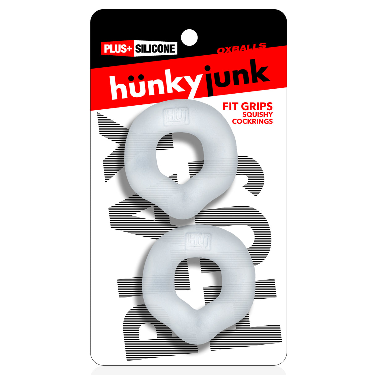 Oxballs Fit Grips 2-Pack Ergo-Fit Cockrings Clear in packaging, featuring a soft, squishy design for comfort.