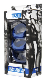 Tom of Finland 3 Pieces Silicone Cock Ring Set packaging featuring three silicone rings.