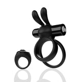 Screaming O Remote Controlled Ohare XL Vibrating Ring Black with double cock ring design and rabbit ears for stimulation.