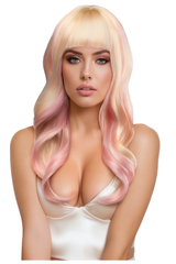 Xgen Nicki Premium Stylable Wig Light Pink and Blonde worn by a model with soft pastel pink and bright platinum blonde hair.