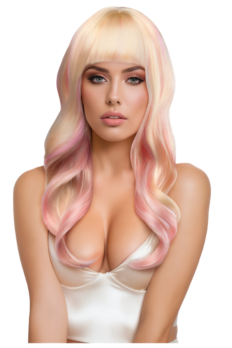 Xgen Nicki Premium Stylable Wig Light Pink and Blonde worn by a model with soft pastel pink and bright platinum blonde hair.