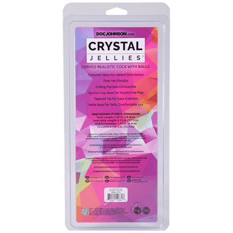 Crystal Jellies Curved Realistic Cock With Balls 7 Inch Teal packaging with details and instructions.
