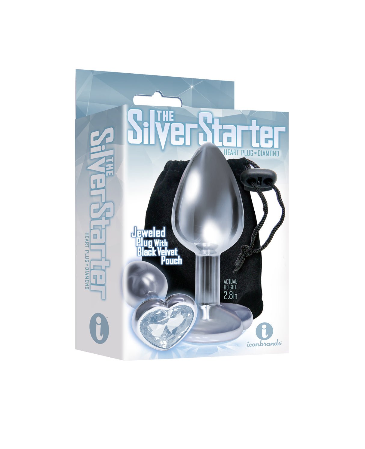Silver Starter Heart Bejeweled Stainless Steel Plug Diamond in packaging with jeweled plug and black velvet pouch.