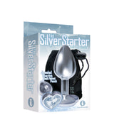 Silver Starter Heart Bejeweled Stainless Steel Plug Diamond in packaging with jeweled plug and black velvet pouch.