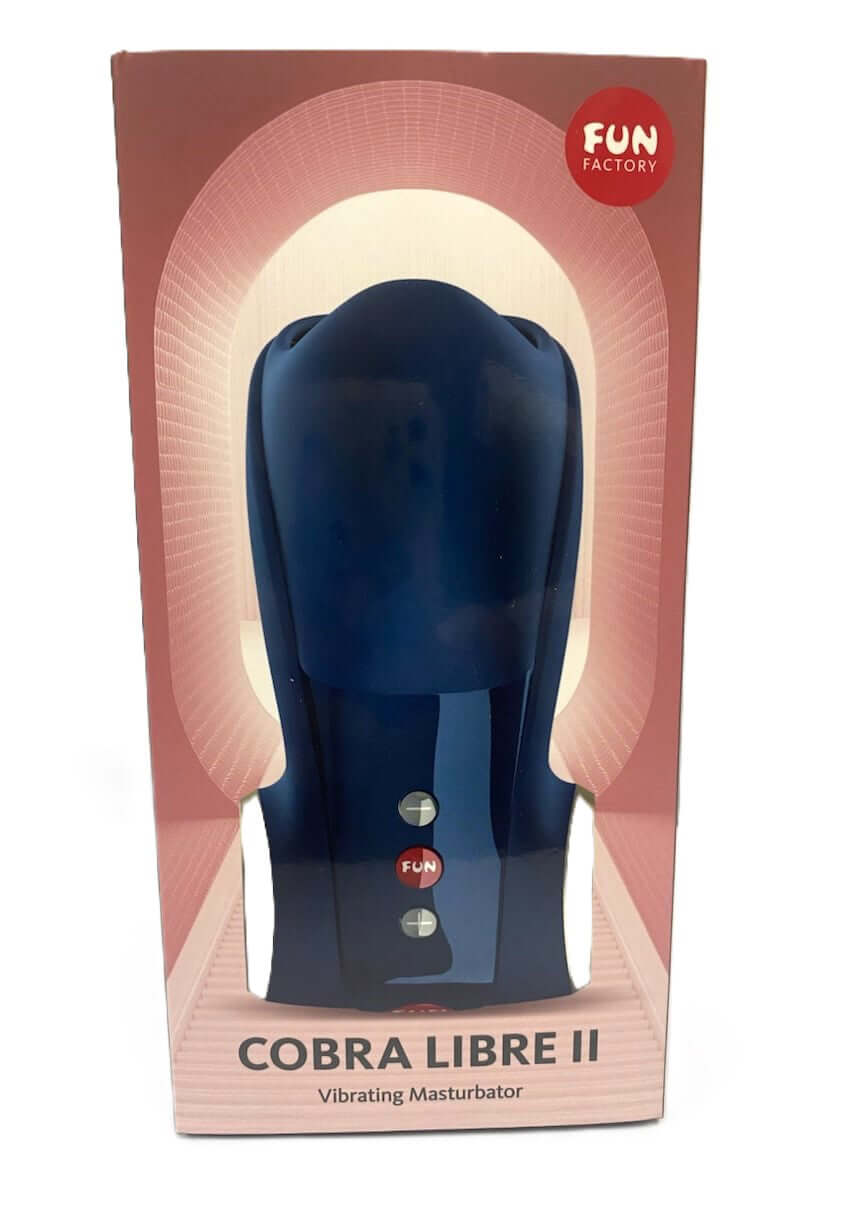 Fun Factory Cobra Libre II Vibrating Masturbator Night Blue in packaging, showcasing design and features.