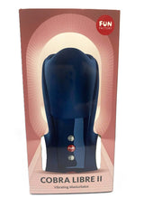 Fun Factory Cobra Libre II Vibrating Masturbator Night Blue in packaging, showcasing design and features.