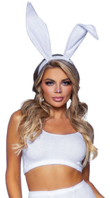 Leg Avenue Bendable Velvet Bunny Rabbit Ears White worn by a model, showcasing soft velvet and flexible design.