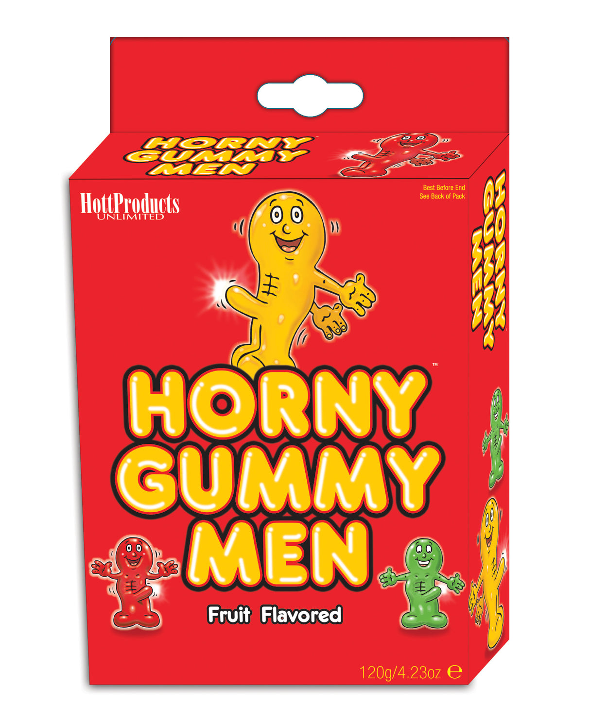 Horny Gummy Men Fruit Flavored Candy 4.23 Oz packaging featuring colorful gummy figures on a red box.