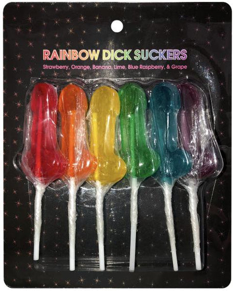 Kheper Games Rainbow Dick Suckers Assorted Flavors in assorted fruity colors including strawberry, orange, and grape.