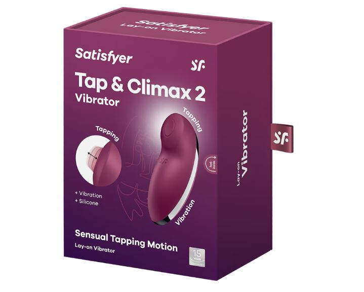 Satisfyer Tap & Climax 2 Lay-On Clitoral Vibrator Red packaging showcasing its tapping and vibration features.