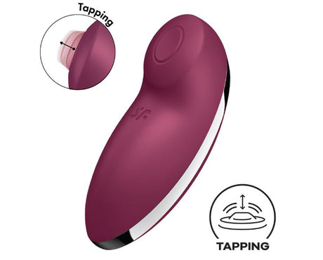 Satisfyer Tap & Climax 2 Lay-On Clitoral Vibrator Red showcasing its design and tapping feature.