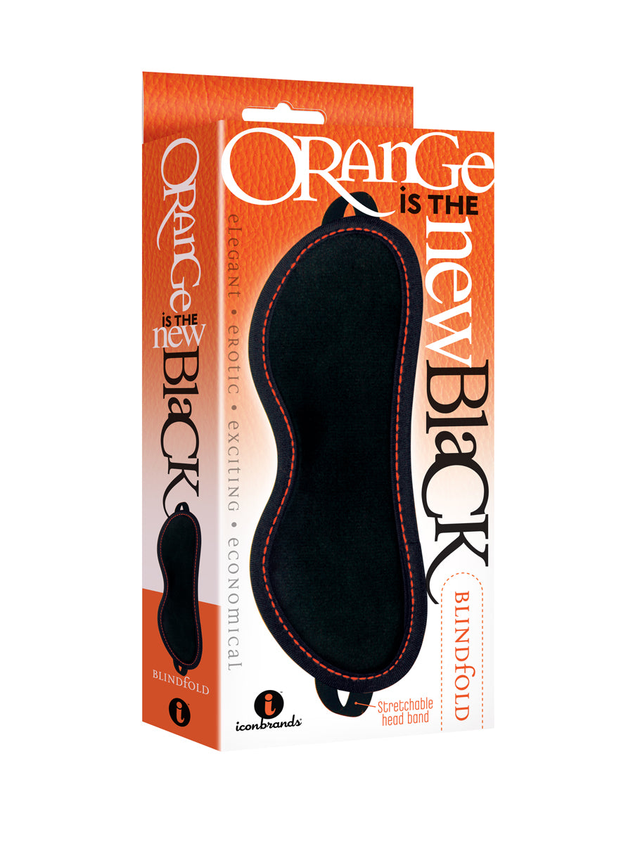 Orange Is the New Black Leatherette Blindfold in packaging, designed for sensory play with stylish stitching.