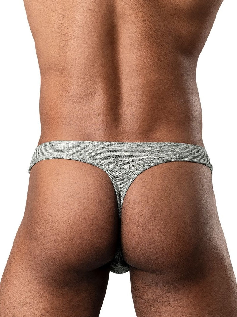 Male Power Ribbed & Ready Thong Grey S/M displayed from the back to highlight its sleek design and ribbed texture.