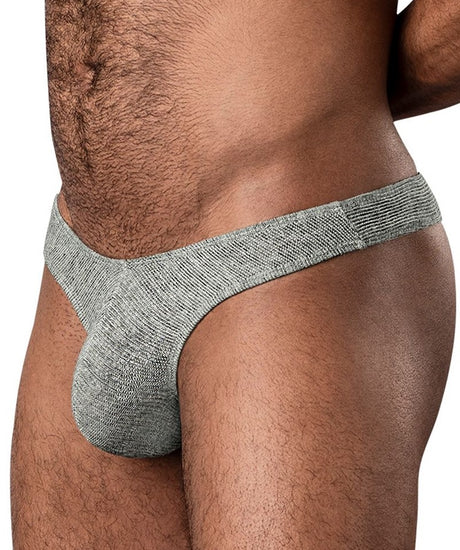 Male Power Ribbed & Ready Thong Grey S/M showcasing a sleek ribbed design and supportive contoured pouch.