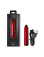 Poppy Red Rechargeable Bullet Vibrator in box with USB charging cable beside it.