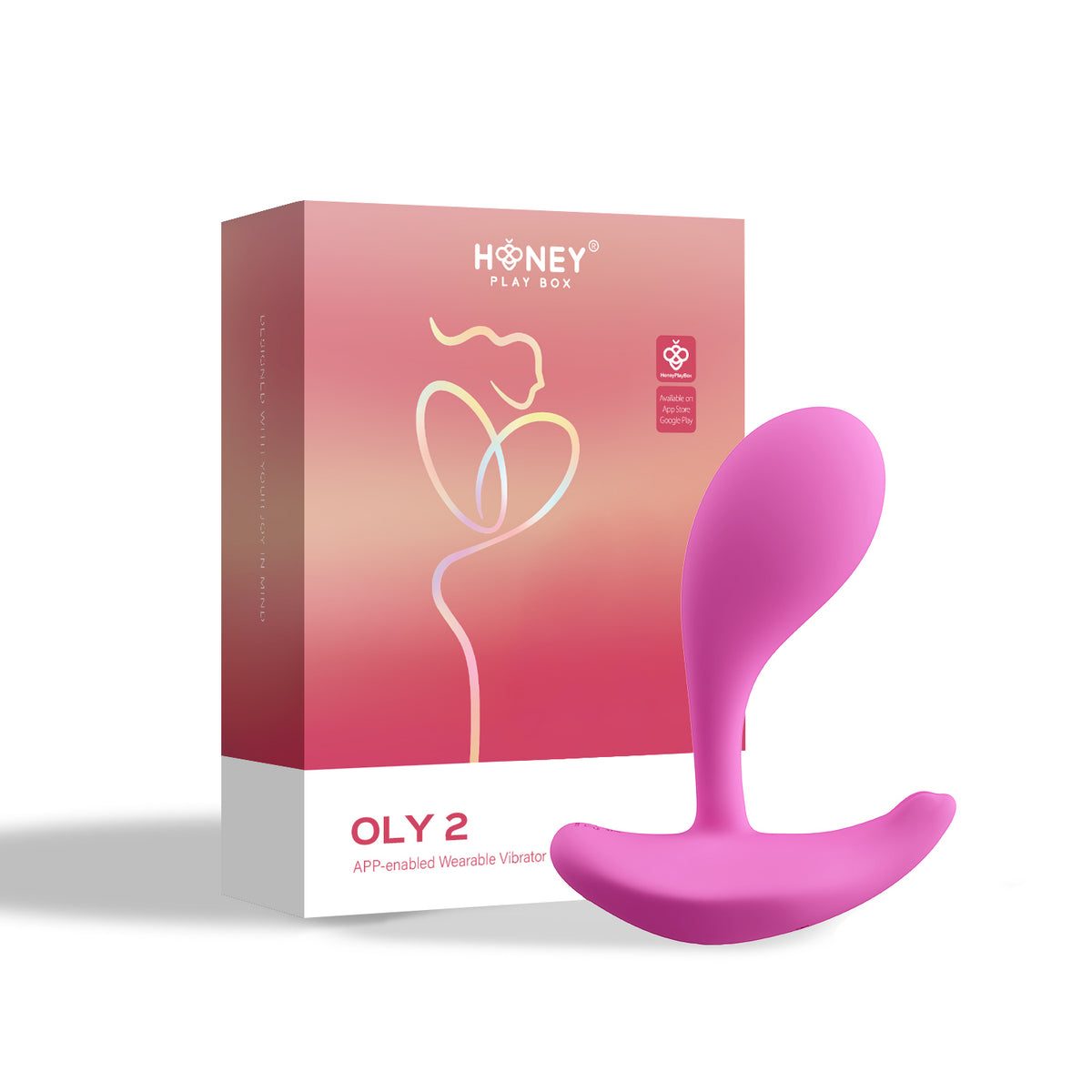 Oly 2 App-Enabled Wearable Vibrator Pink with packaging showing features and design.