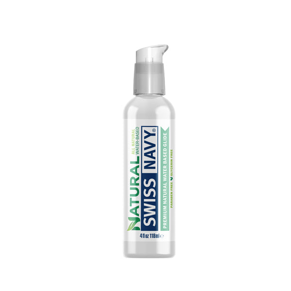 Swiss Navy Natural Lubricant 4 Oz bottle, premium all-natural water-based personal lubricant for comfort and glide.
