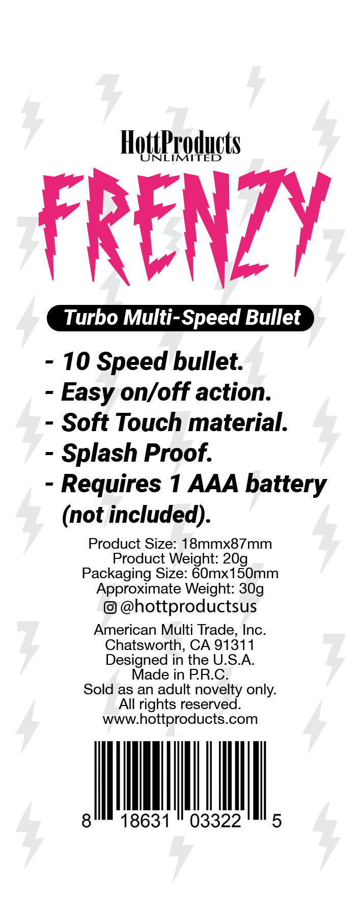 Hott Products Frenzy 10 Speed Bullet Vibrator Black packaging details and features on a colorful background.