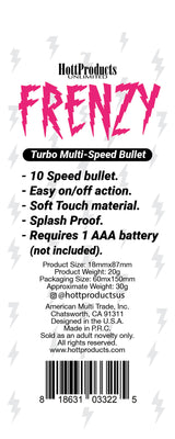 Hott Products Frenzy 10 Speed Bullet Vibrator Black packaging details and features on a colorful background.