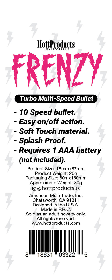 Hott Products Frenzy 10 Speed Bullet Vibrator Black packaging details and features on a colorful background.