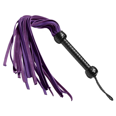 Strict Leather Nubuck Flogger 18.5 Inch Purple featuring a braided handle and soft purple falls.