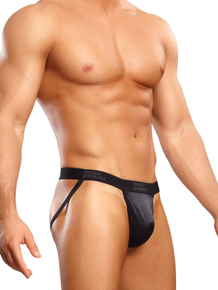Male Power Satin Lycra Jock Strap Black Small Medium on a model showcasing comfort and style.