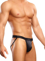 Male Power Satin Lycra Jock Strap Black Small Medium on a model showcasing comfort and style.
