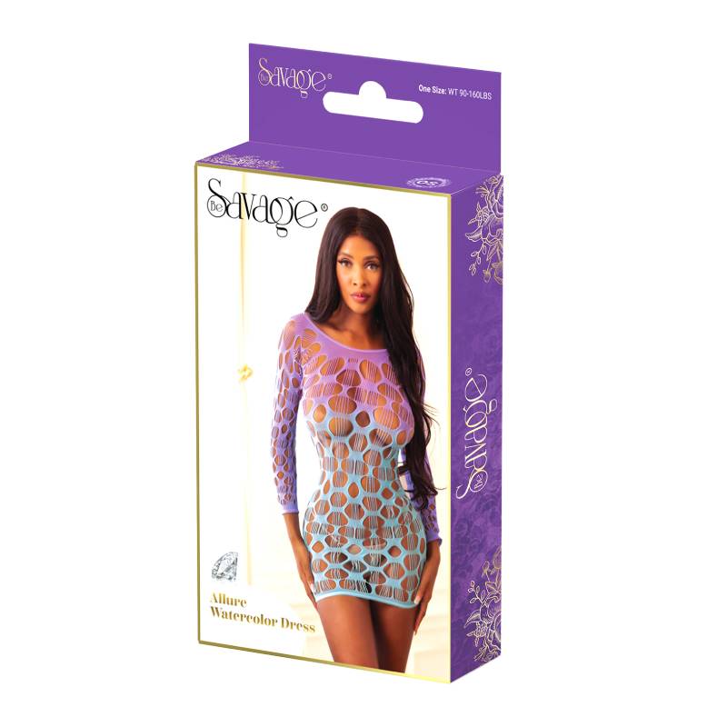 Savage Lingerie Allure Ombre Dress Purple Teal packaging featuring vibrant colors and stylish design.