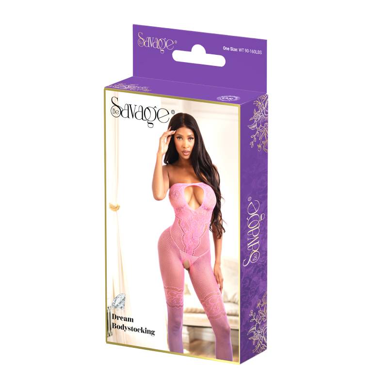 Savage Lingerie Dream Bodystocking Pink Purple packaging showcasing alluring full-body design.