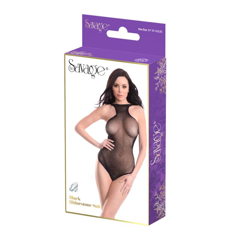 Savage Lingerie Black Rhinestone Bodysuit Black packaging featuring a model in a glittering black bodysuit.