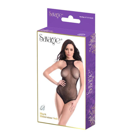Savage Lingerie Black Rhinestone Bodysuit Black packaging featuring a model in a glittering black bodysuit.