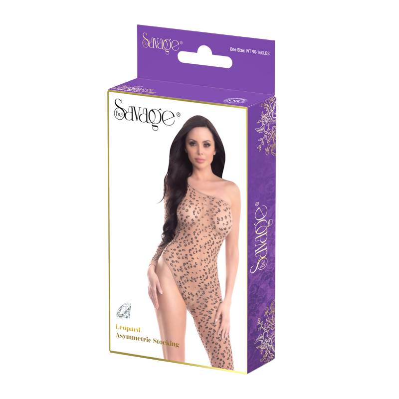 Savage Lingerie Leopard Asymmetric Stocking packaging showcasing bold leopard print design and one-legged silhouette.