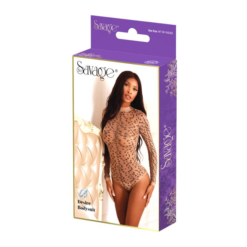 Savage Lingerie Desire Bodysuit Leopard Print packaging featuring a model wearing the sleek, form-fitting bodysuit.