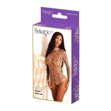 Savage Lingerie Desire Bodysuit Leopard Print packaging featuring a model wearing the sleek, form-fitting bodysuit.