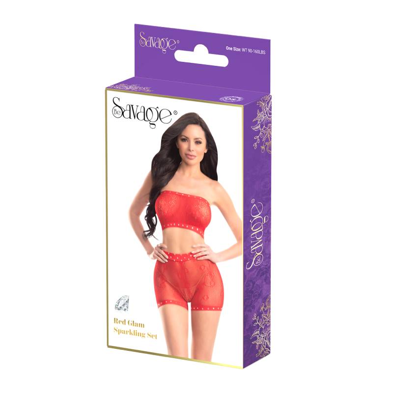 Savage Lingerie Red Glam Sparkling Set Red packaging featuring a model in a red set.