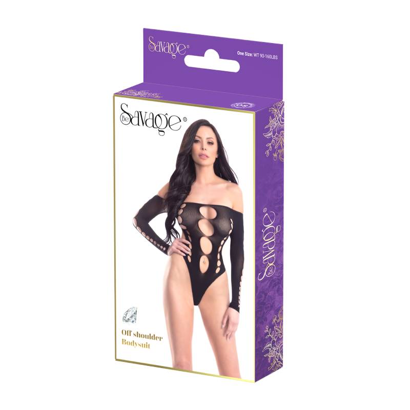 Savage Lingerie Off Shoulder Bodysuit Black packaging showing a sleek, alluring design with off-shoulder neckline.
