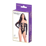Savage Lingerie Off Shoulder Bodysuit Black packaging showing a sleek, alluring design with off-shoulder neckline.