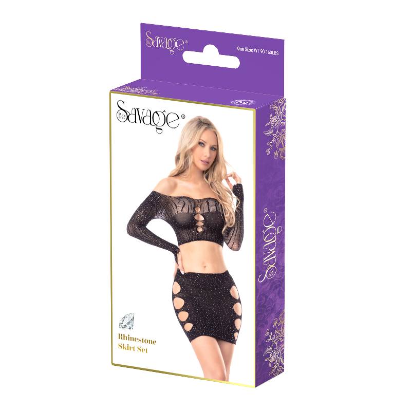 Savage Lingerie Rhinestone Skirt Set Black packaging featuring a model in a shimmering two-piece outfit.