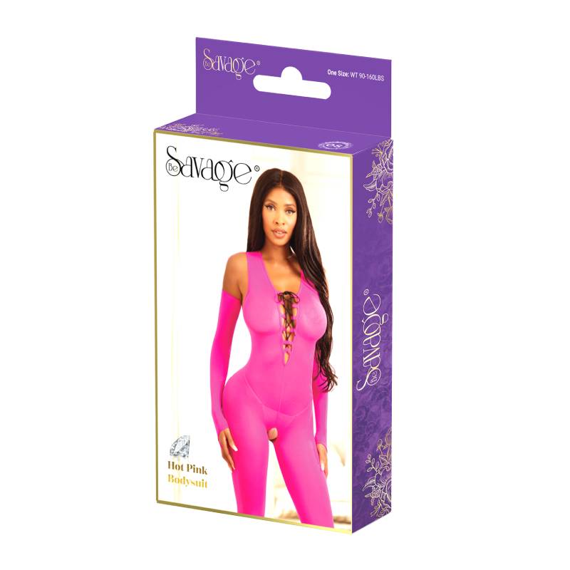 Savage Lingerie Hot Pink Bodysuit in packaging showcasing its vibrant color and daring design.