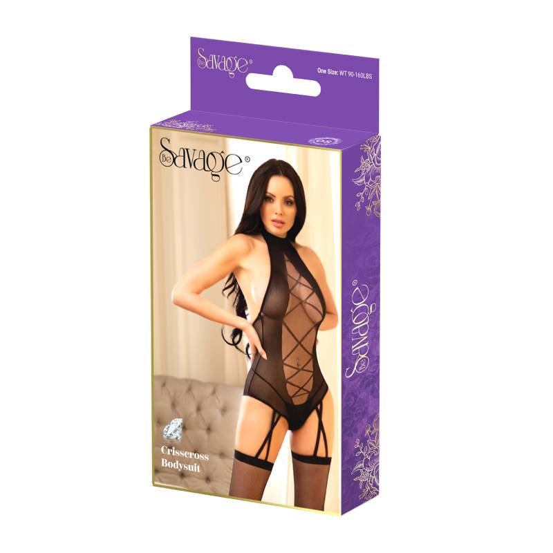 Savage Lingerie Crisscross Bodysuit Black packaging showcasing the bold one-piece design and crisscross detailing.