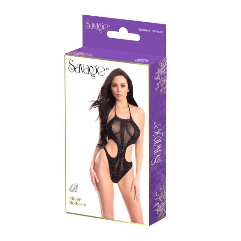 Savage Lingerie Sheer Bodysuit Black Rhinestone in packaging with a model showcasing the design and fit.