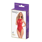 Savage Lingerie Red Lace Rhinestone Bodysuit packaging showcasing a model in a seductive red lace bodysuit.