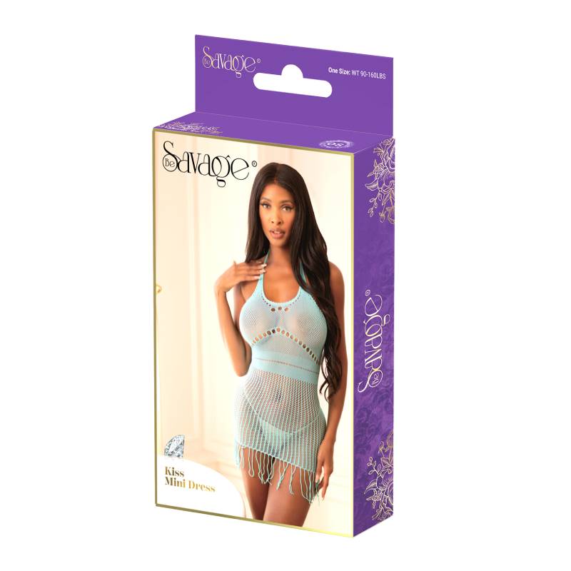 Savage Lingerie Kiss Mini Dress Blue packaging showcasing a flirty, figure-hugging mini dress in blue.